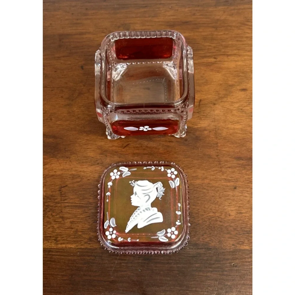 Westmoreland Cranberry Glass Trinket Box Cameo Hand Painted Signed 1977 VTG